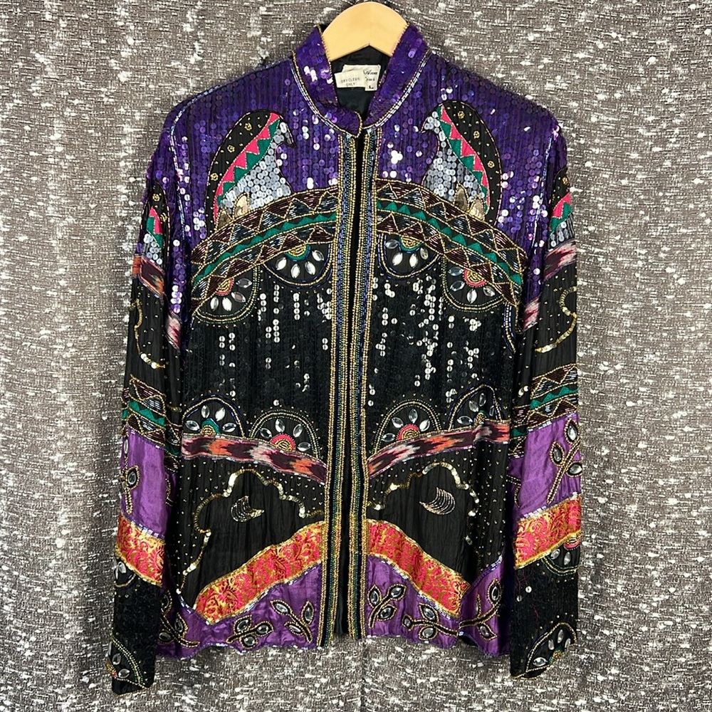 Vintage Judith Ann Creations Silk Sequin Dinner Jacket Beaded 80s 90s Cocktail